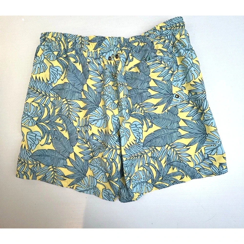 Eddie Bauer Swim Trunks Men's XL Yellow Blue Tropical Beach Pockets Drawstring